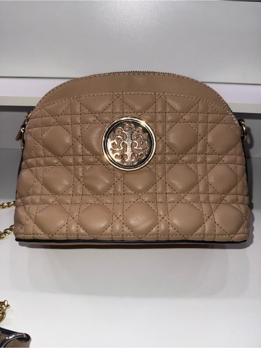 Quilted Taupe Crossbody Bag with Gold Medallion